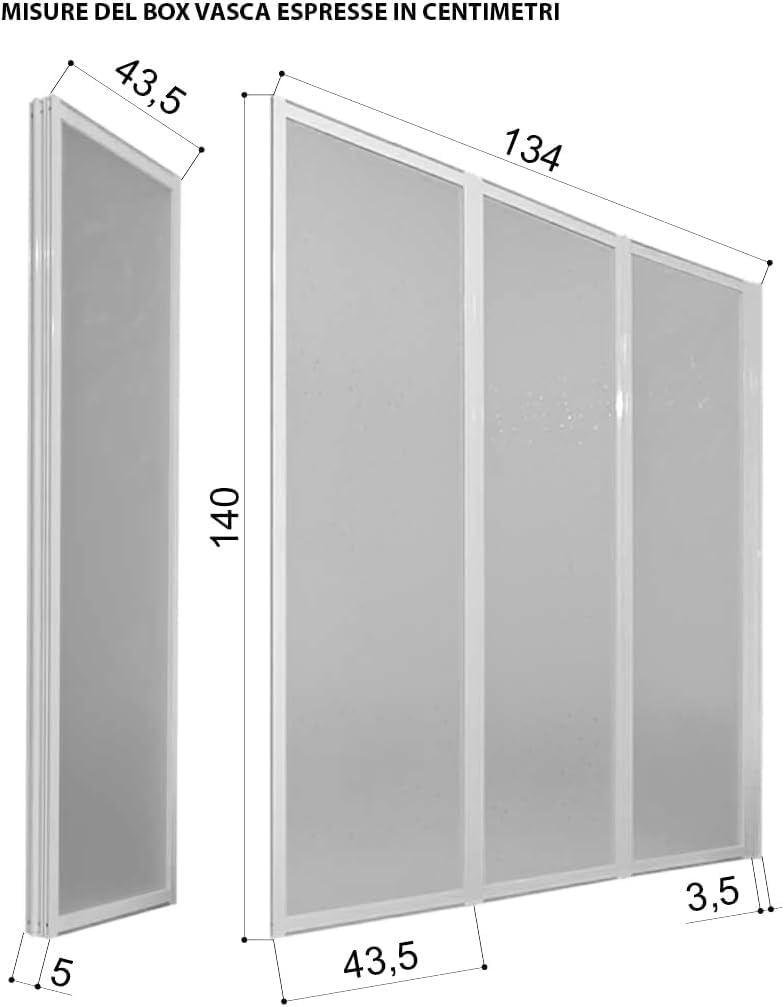 Box vasca parete sopravasca cm.133/134 pieghevole 3 ante