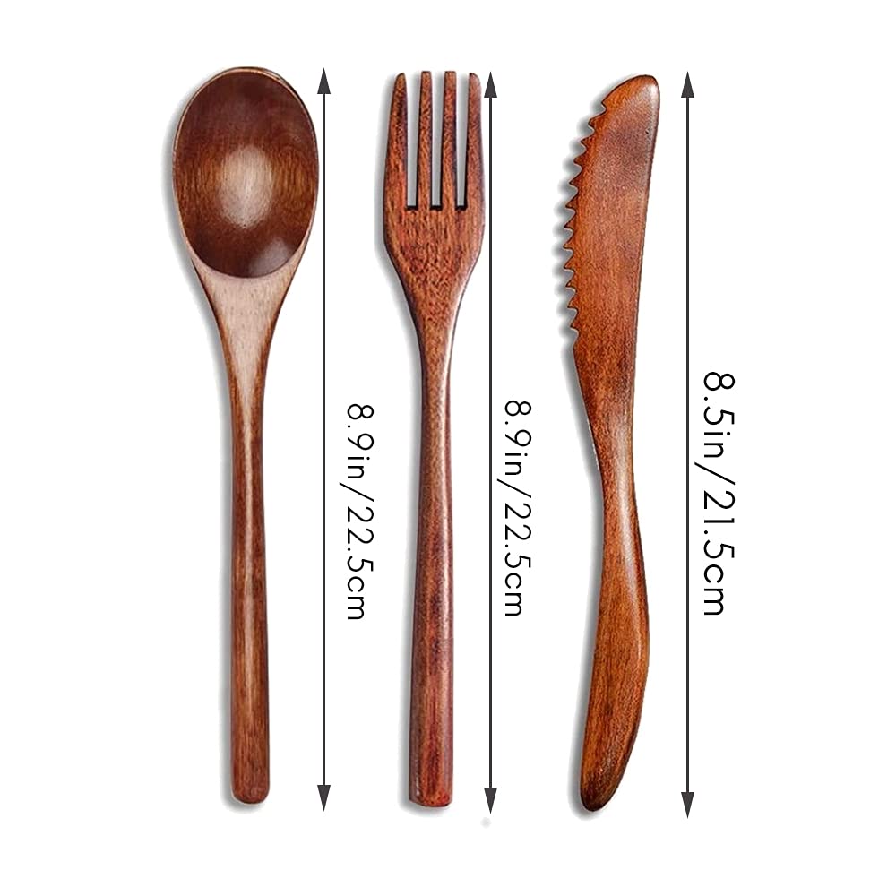 Juego de Cubiertos de Cuchillo de Tenedor de Cuchara de Madera de 15 Piezas, Juego de Utensilios de Cena de Madera, Juego de Cubiertos de Vajilla de Cocina de Madera