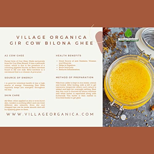 Image of Village-Organica A2 Gir Cow Ghee, 250ml | Traditional Bilona Method | Grass-Fed Desi Gir Cow Milk | Pure, Nutritious & Premium Glass Bottle Packaging | A2 Ghee Bilona Method