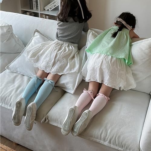 6 Pairs Girls Cotton Crew Socks with Ribbon Bow, 3/4/5/6/7/8 Years Spring Summer Thin Mid-Calf Knee Socks4
