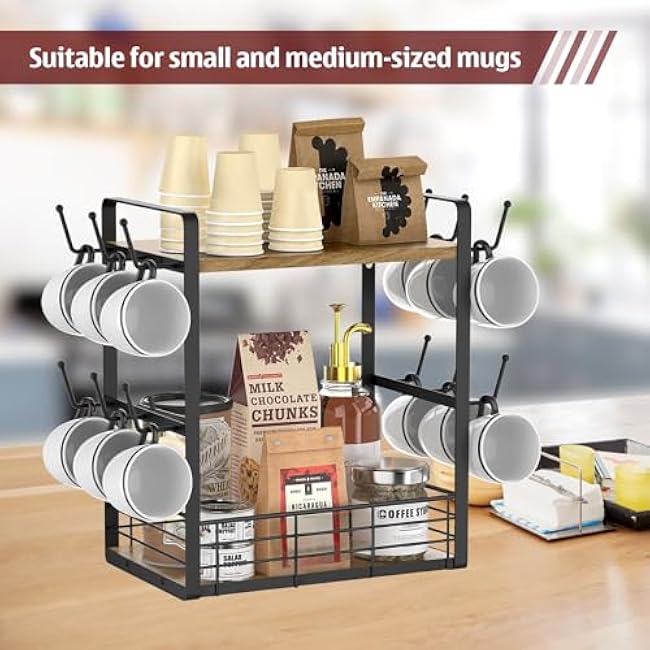 elevate your coffee experience with our 2-tier wooden shelf, the ultimate coffee station organizer and coffee pod holder, featuring a stylish mug tree for your coffee bar accessories.