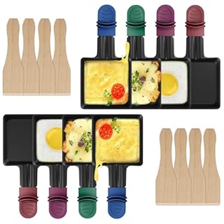 ipow Lot de 8 Poelon Raclette Carré à Revêtement Anti-adhésif,Coupelle Raclette Barbecue avec Poignée Colorée Isolée pour Fromage Fondu Oeuf Frit,Accessoires avec 8 Pcs Grattoirs en Bois