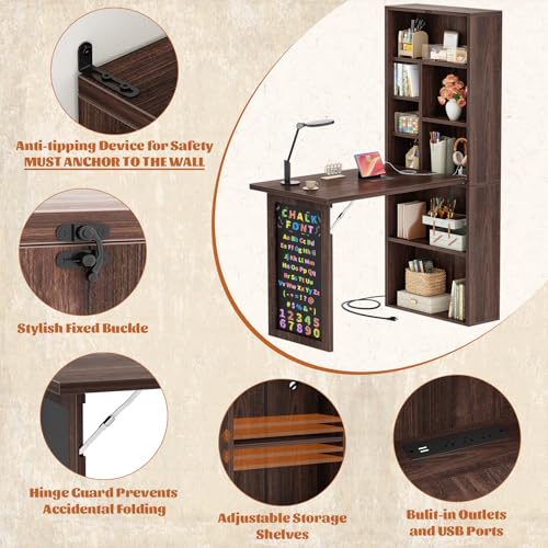 Image of Armocity Small Folding Desk with Outlets, Convertible Writing Desk for Small Spaces /Home Office /Craft Room, Multi-Function Desk Workstation with Blackboard, Fold-Out Cabinet Table, Black Walnut