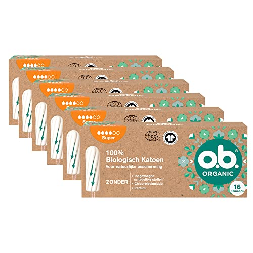 o.b. Organic Super, biotampones para días menstruales más pesados de algodón 100% con ranuras para una protección fiable y natural, 16 piezas (paquete de 6), formato exclusivo de Amazon