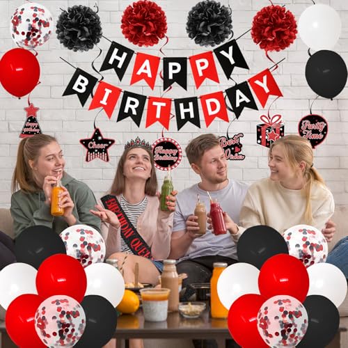 Image of Roetyce Red Birthday Decorations for Women, Black and Red Birthday Queen Sash & Crown Banner Backdrop Balloons Hanging Swirls Kit Gift for Her, Bday Party Backdrop Background