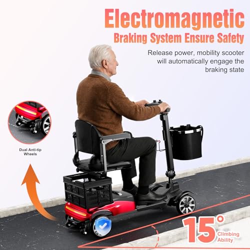 Image of 4 Wheels Mobility Scooters for Seniors, Foldable Mobility Electric Scooter, 350LBS Capacity& 15 Miles Range&350W Powerful Moto&Rotating Seat&LED Light& Double Baskets&Auto Brake-Red