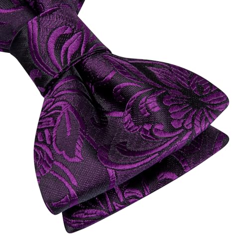 Image of Hi-Tie 5Pcs Mens Solid Color Silk Tie Satin Pretied Bowtie Lapel Pin for Men Handkerchief Cufflink Wedding Gift Box