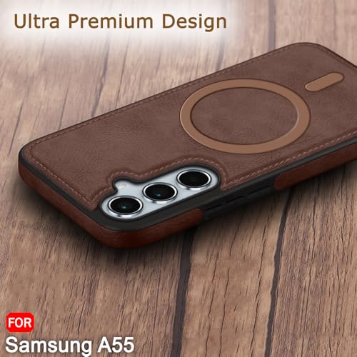Image of TheGiftKart Genuine Leather Finish Back Cover Case for Samsung Galaxy A55 5G | Shockproof Design | Raised Edges for Camera & Screen Protection | Stunning Minimalist Design (MagSafe Compatible, Brown)