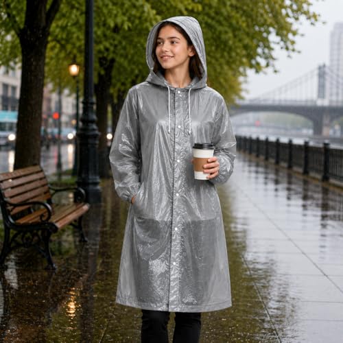 Image of EVA Poncho Raincoat for Men and Women, Lightweight Waterproof with Hood, Adjustable Drawstring, Snap Button Closure, Reusable