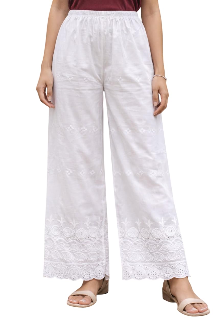 Ananya Fashion,Women's Cotton Palazzo Pants, White, Embroidered Hem, Wide Leg, High Rise, Elastic Waistband, Size 30 to 44-picture-50
