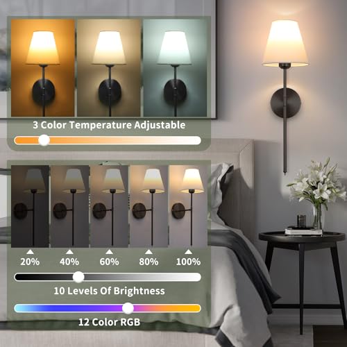 Image of Battery Operated Wall Sconce Set of 2,15 Colors Wireless Wall Light With Dimmable Remote Control Last 18-50 Hours,Black Rechargeable Wall Lamp With White Fabric Shade For Living Room Bedroom Hallway