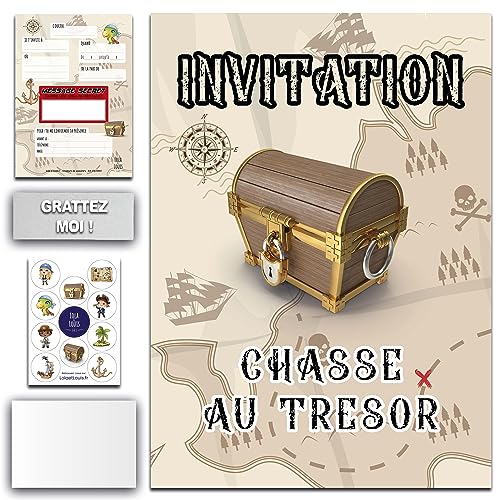 Lola et Louis (L&L) Kit invitation complet 10 invités filles ou garcons : Enveloppes, MESSAGE SECRET à GRATTER, Cartes invitation fête Pirate Chasse au Trésor, Stickers Déco, Suivi invitations