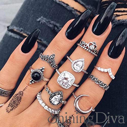 Boho Midi Finger Oxidized Crystal Ring Set of 10