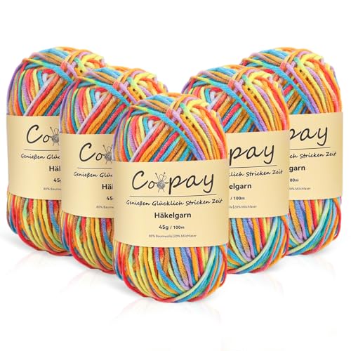 Coopay Wolle zum Häkeln 5 x 45g Farbverlauf Häkelgarn 5-Fädig Wolle zum Stricken Weicher Häkelgarn Mehrfarbig Bunt Garn zum Stricken Häkeln Schönes Acrylgarn für Anfänger Regenbogen