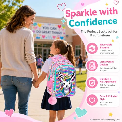 Image of CCJPX 16 inch Sika deer Backpack for Girls, 3Pcs Kids Sequin Bookbag with Lunch Box, Water Resistant Elementary School Bag for Kindergarten Preschool Toddler (Pink)