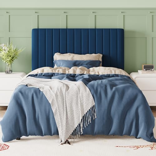 Image of Allewie Twin Bed Frame, Velvet Upholstered Platform Bed with Adjustable Vertical Channel Tufted Headboard, Mattress Foundation with Strong Wooden Slats, Box Spring Optional, Easy Assembly, Navy Blue