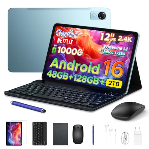 P12 Tablet 12 Pulgadas Android 2.4K 120Hz Display, Tablets Android 16 con Gemini AI, 10000mAh, 48GB+128GB/2TB, T7280 Octa-Core Tablet con teclado, 13MP+8MP, Face ID, Widevine L1, GPS, lapiz, Azul