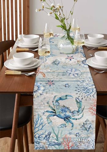Coastal Crab Table Runner 70 Inches Long Farmhouse Dress Scarves, Nautical Summer Beach Starfish Coral Vintage Dining Tablerunner for Coffee Table/Kitchen Island/Party Décor, 13" x 70"4