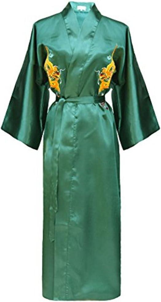 Men’s Dressing Gown Bathrobe Satin Silk Bath Robe Kimono Gown Dragon Embroidery Yukata Hakma Vintage
