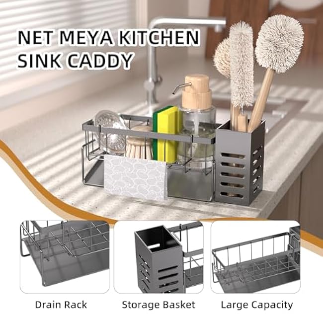 NET MEYA Kitchen Caddy Sink Organizer,Dish Sponge Holder for Kitchen Sink,Soap Dispenser Storage,Kitchen Accessories for Countertop,Stainless Steel Sink Caddy for Kitchen