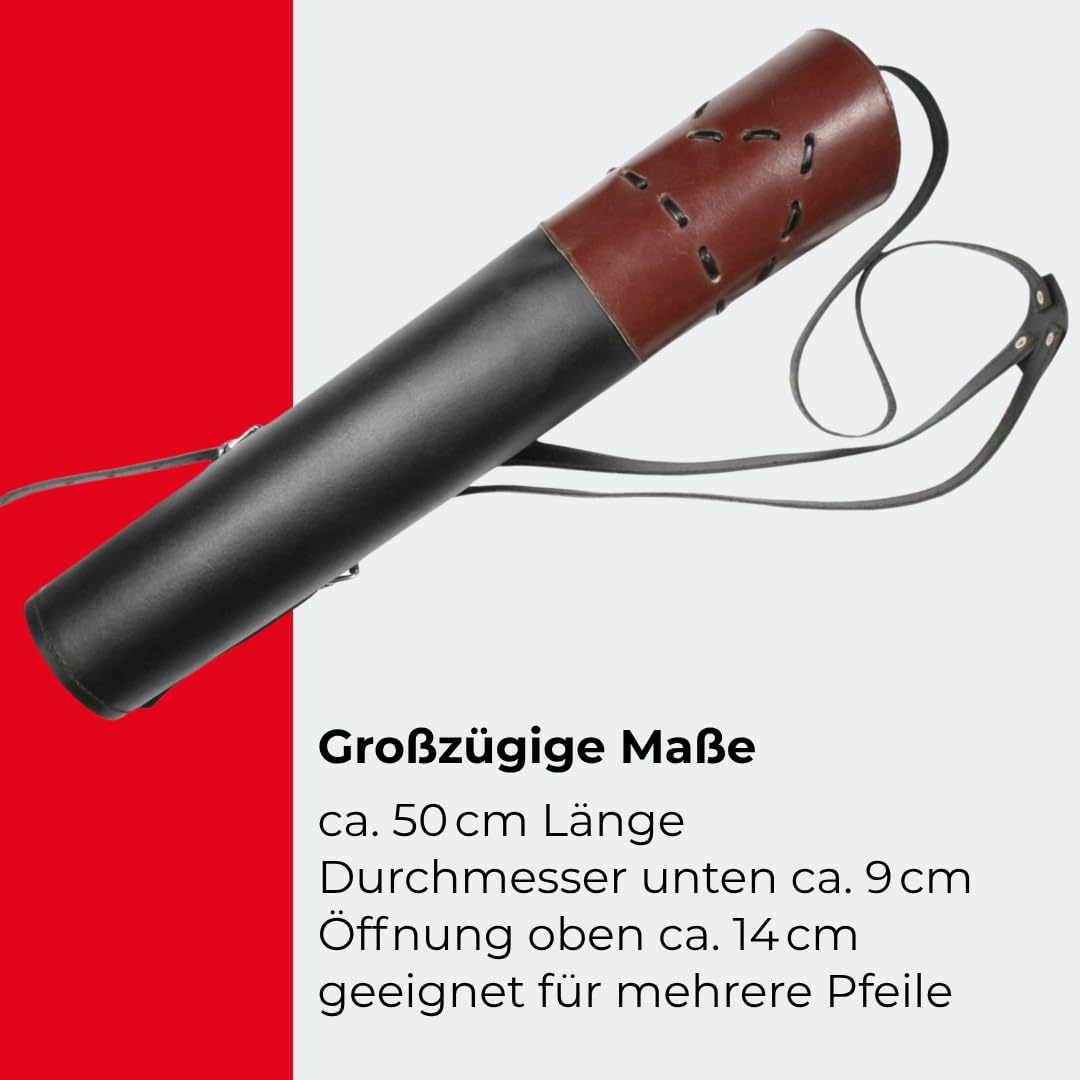 elToro Rückenköcher aus schwarzem Echtleder mit Musterstickung | verstellbarem Dreipunkt-Tragegurt, 50 cm lang, Öffnung 14 cm, Köcher für Pfeile, Bogenschießen, Recurve- und Langbogen