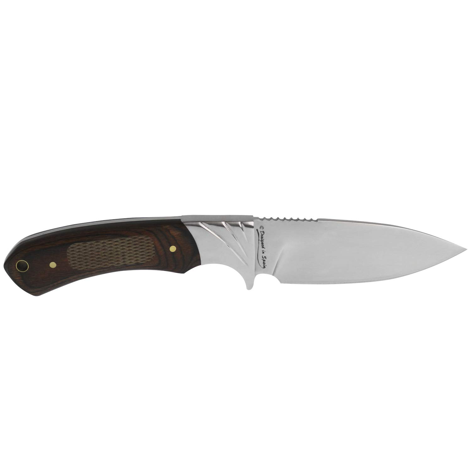 iFIELD EL29016 Coltello Multifunzionale per Escursioni, Caccia e Sopravvivenza all'aperto, Manico Stamina Decorato CNC con Impugnatura Posteriore, Lama in Acciaio Inossidabile, Fodero Colore Marrone