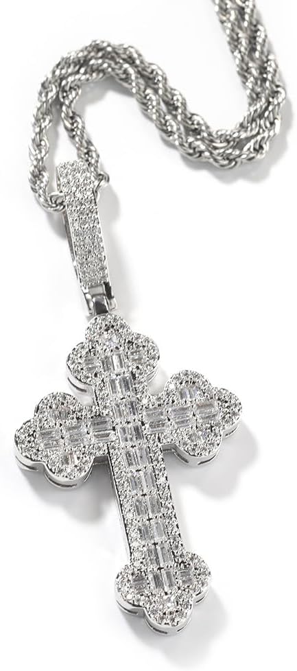 Lulu Mel Iced Out White Gold Plated Cubic Zirconia Cross Pendant Necklace With Rope Chain, Trendy Hip Hop Cross Faith Pendant Jesus Necklace For Men Women