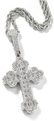 Lulu Mel Iced Out White Gold Plated Cubic Zirconia Cross Pendant Necklace With Rope Chain, Trendy Hip Hop Cross Faith Pendant Jesus Necklace For Men Women