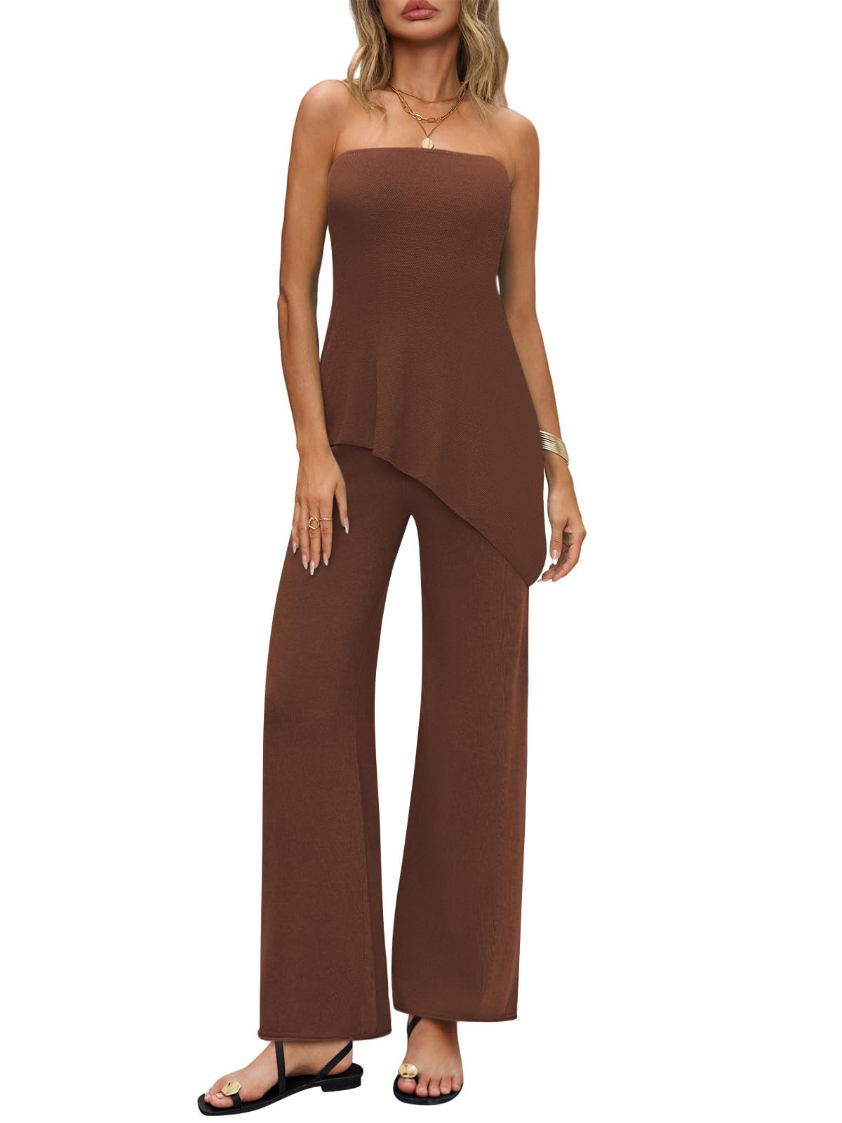 Photo 1 of **Pants Only**MAOECO Womens Two Piece Sets Fall Travel Vacation Outfits 2025 Trendy Summer Lounge Matching Sweater Set Knit Tube Tops Wide Leg Pants Coffee XL