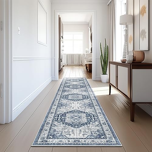 Madane Hallway Washable Runner Rug - 2x10 Kitchen Rugs Entryway Rug Runner Vintage Soft Floor Mat Non Slip Indoor Farmhouse Carpet for Bathroom Living Room Bedroom (2 X 10, Navy/White)