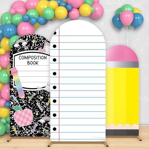 3 fundas de fondo de arco de regreso a clases, 4 pies, 5 pies, 6 pies, cuaderno de composición de elastano, fundas de soporte de arco ajustadas, fondo de papel forrado para jardín de infantes, fiesta