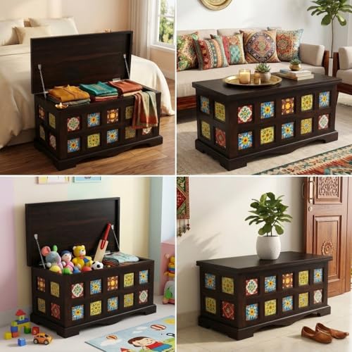 Image of Amazon Brand - Solimo Starlore Solid Sheesham Wood Storage Trunk | Wooden Box Chest for Clothes Linen Storage for Bedroom Living Room Home (Walnut Finish)