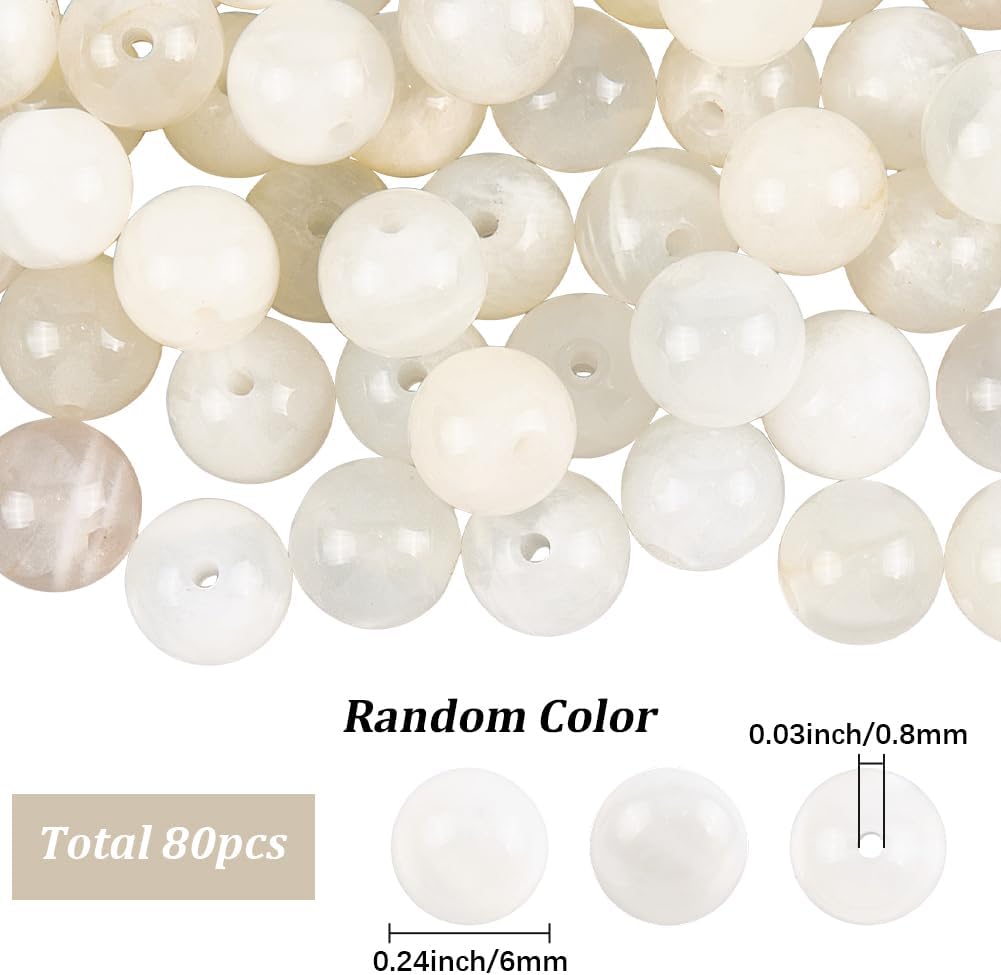 1 Box 80Pcs Crystal Agate Beads 6mm Natural Moonstone Beads Bulk Loose Round Polished Smooth Shiny Spacers for Jewelry Making Findings Earrings Bracelets Necklace DIY Crafts Gift Beginner - Image 2