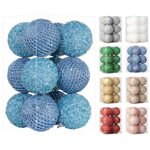 XmasExp Light Blue Christmas Ornaments Sparkly Shatterproof Christmas Tree Ornaments Sequin Xmas Hanging Balls Glitter Xmas Decorations for Tree,Party,Wedding,Holiday (12pcs,3.15in)