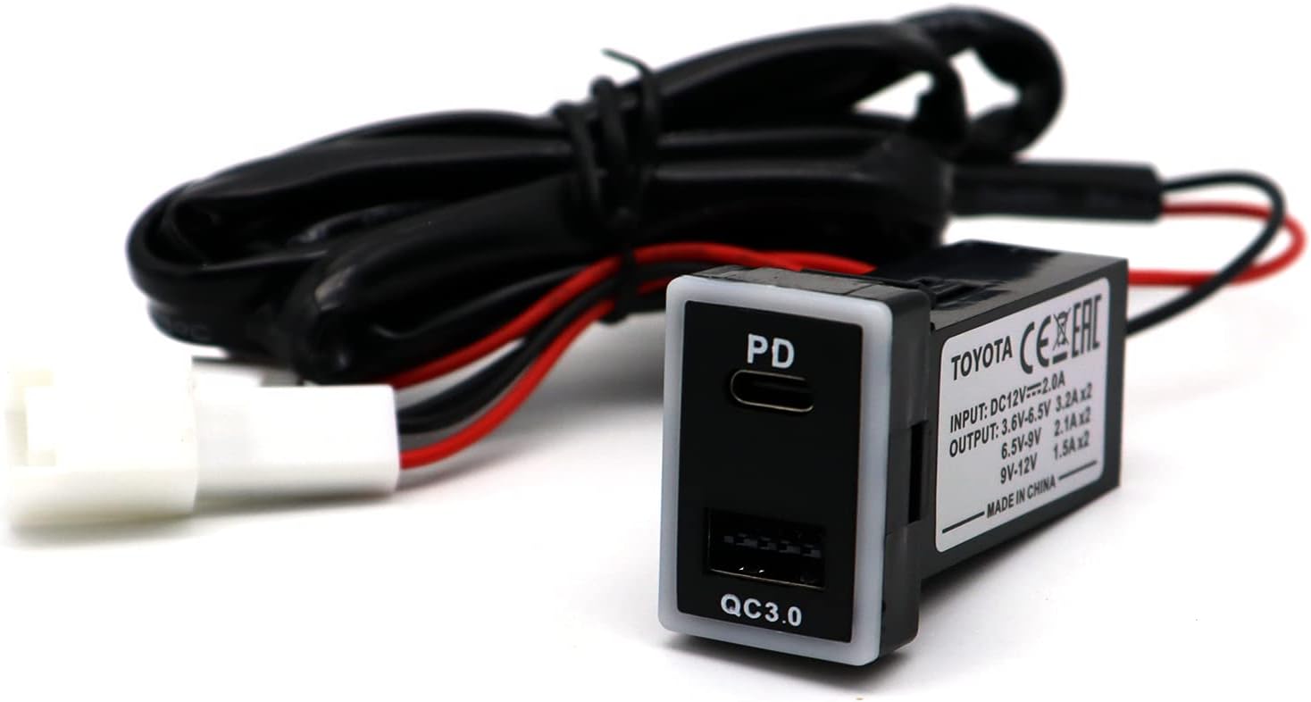 Disscool Toyota QC3.0 USB C Power Socket, 3.2A Quick Charge Car Charger USB Adapter with Blue LED Output PD for Smartphone/iPad/PDA