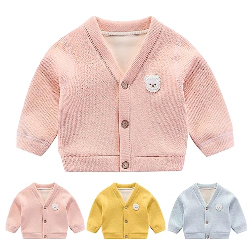 Gefütterte Strickjacke Baby Mädchen Junge Süße Jacke mit Knopfleiste Bärenmuster Langarm Übergangsjacke Baumwolle Warme Cardigan V-Ausschnitt Weiche Mäntel (Yellow, 0-3 Months)