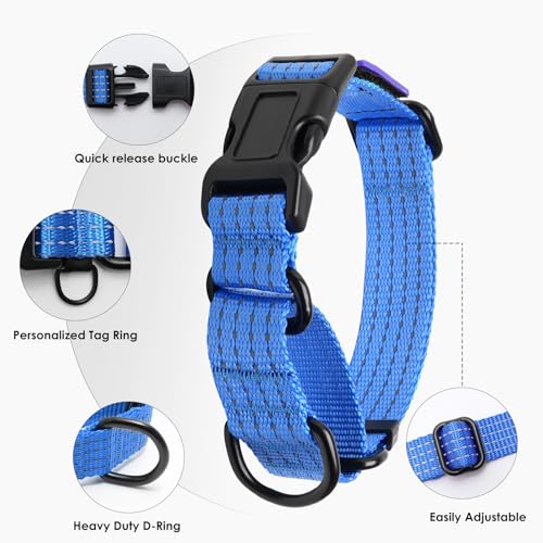 Image of Martingale Dog Collar Reflective NO Pull with USA Flag, M,Blue | Escape Proof without choking,Adjustable Limited Slip Collar with Quick Release Buckle, Nylon Walking Collar for S M L Dogs