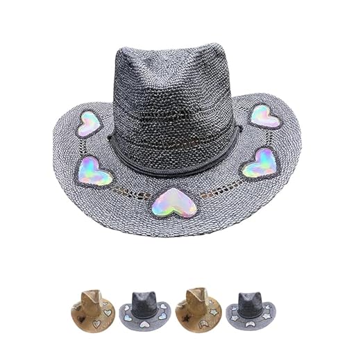 Suncatcher Cowgirl Straw Prism Hat, Handwoven Western Wide Brim Hat with Rainbow Moon & Stars for Women