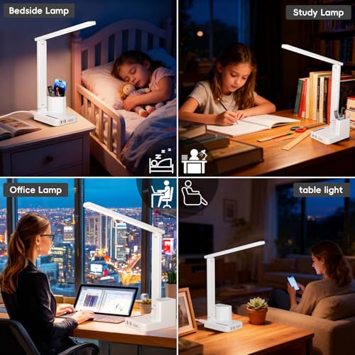 COZOO Dimmable Desk Table Lamp with Pen Holder/Organizer,Study LED Desk Lamp with USB Charging Port/Type C Port/Outlets/Storage Box/Touch,Kids Desk Reading Light for Students,Desk Lamp for Home Office - Image 4