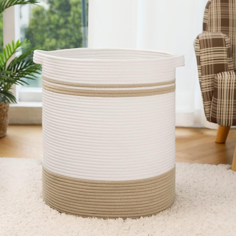 Image of Storage Rope Laundry Hamper Basket for Clothes, Towels and Blankets in Livingroom, Bedroom, Laundry Room and Basket for Nursery Storage (Size - 14 inch x 14 inch x 16 inch) (Beige White Stripe)