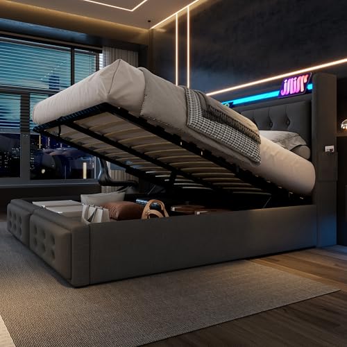 Kayan Polsterbett 180x200cm, Doppelbett mit Stauraum und Lattenrost, LED Kopfteil mit USB Ladefunktion, Stauraumbett Funktionsbetten Rückenlehne Bettgestell, Baumwolle (Grau 1, 180x200cm)