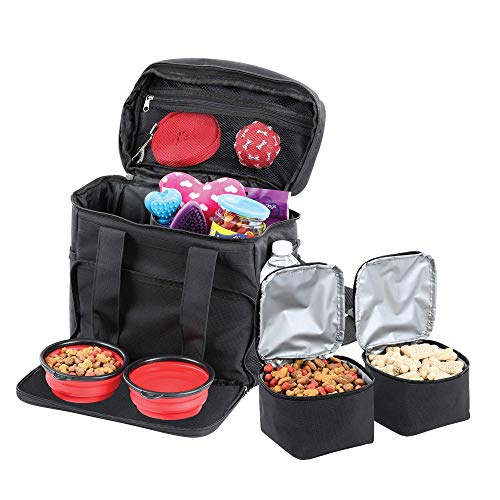 Bundaloo Dog Travel Bag Accessories Supplies Organizer 5-Piece Set with Shoulder Strap | 2 Lined Pet Food Containers, 2…