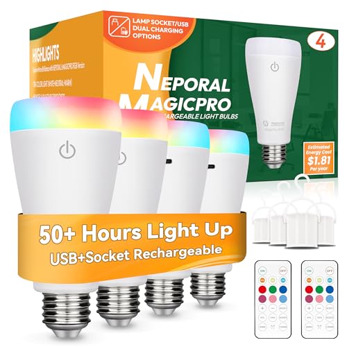 Neporal MAGIXPRO Smart Rechargeable Light Bulbs with Remote, USB+Socket Rechargeable Battery Operated Light Bulb, 2 Hrs Fast Charging Last 5-52 Hrs, 9+3 Colors, 4 Pack (MagixPro RGB, 4)