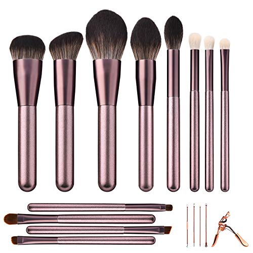 ITME Makeup Brushes, Premium Professional Makeup Brush Set, 12 PCS Synthetic Makeup Brushes & 1 Eyelash Curler Tool Kit for Foundation Blending Blush Powder Blush Concealers Eye Shadows Brushes(Champagne Gold Microcrystalline Silk-Eyelash Curler Tool