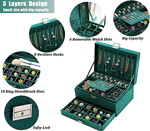 Image of Velvet Three Layer New Vintage Flannel Jewelry Box Earrings Earrings Rings Necklace Bracelets Jewelry Organiser Storage Case With Drawer For Girls Women Dark Green (AB-05)