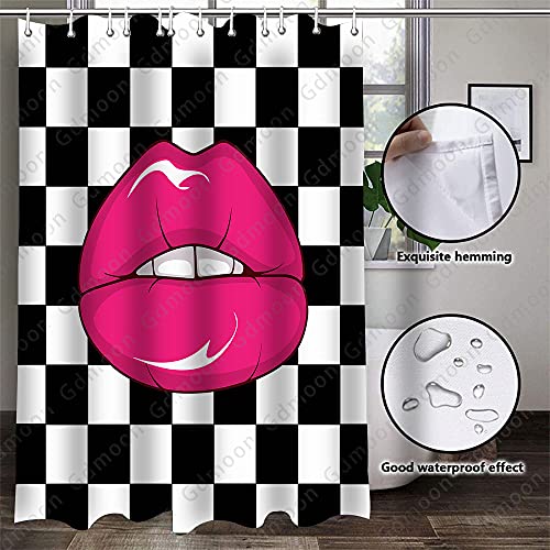 Gdmoon Pink Lips Shower Curtain Sexy Lips Art Black And White Checkered Background Makeup Fashion Lip Biting Woman Sexy Kiss Bathroom Curtain Set With 12 Hooks 72X72In Ylwhgd1104 #TOP5