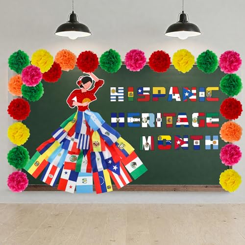 Hispanic Heritage Month Decorations Bulletin Board Set, 69 Pcs Spanish Classroom Decor Door Cover Banner Backdrop with Paper Blooms for Latin American School Office Home Party Supplies