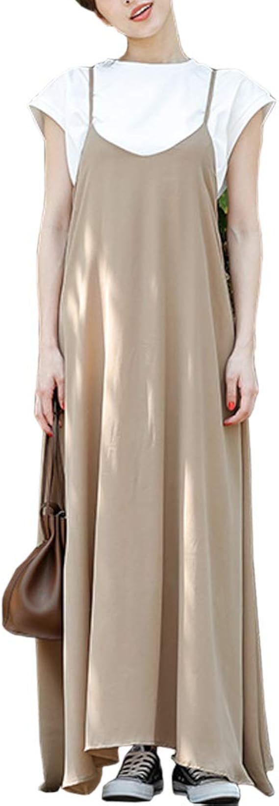 Amazon Co Jp ワンピース キャミソール レディース マキシ丈 キャミワンピース カットソー 夏 無地 大人 ブラウン 服 ファッション小物