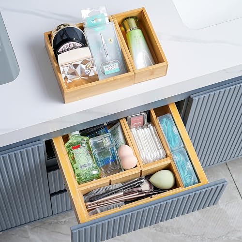 Fabsome Drawer Organizer, Set of 9 Bamboo Wood Kitchen Makeup Desk Junk Tea Drawer Storage Boxes Bins for Cutlery Silverware Utensils Flatware, Small Wooden Container Tray for Bathroom, Office - Image 3