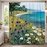 Chrysanthemen-Duschvorhang, Naturlandschaft, Distel, Wildblumen, Sommerblau, Polyester, wasserdicht, Toilettenstoff, Duschvorhänge für Badezimmer, Toilette, Gästezimmer, Dekoration, 137 x 198 cm